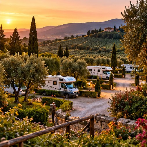 Camper in un paesaggio collinare, immagine illustrativa