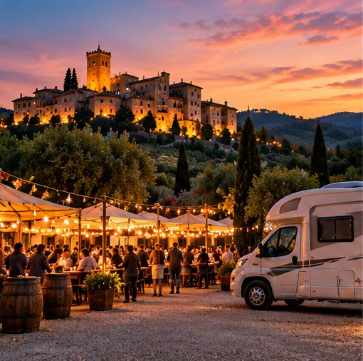 Atmosfera evocativa di un borgo in festa al tramonto