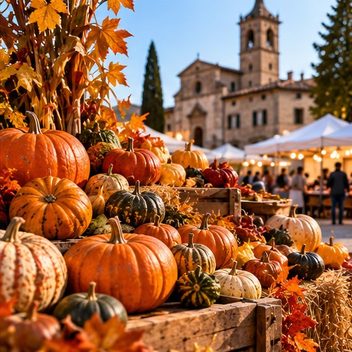 Mercatino autunnale illustrativo con zucche
